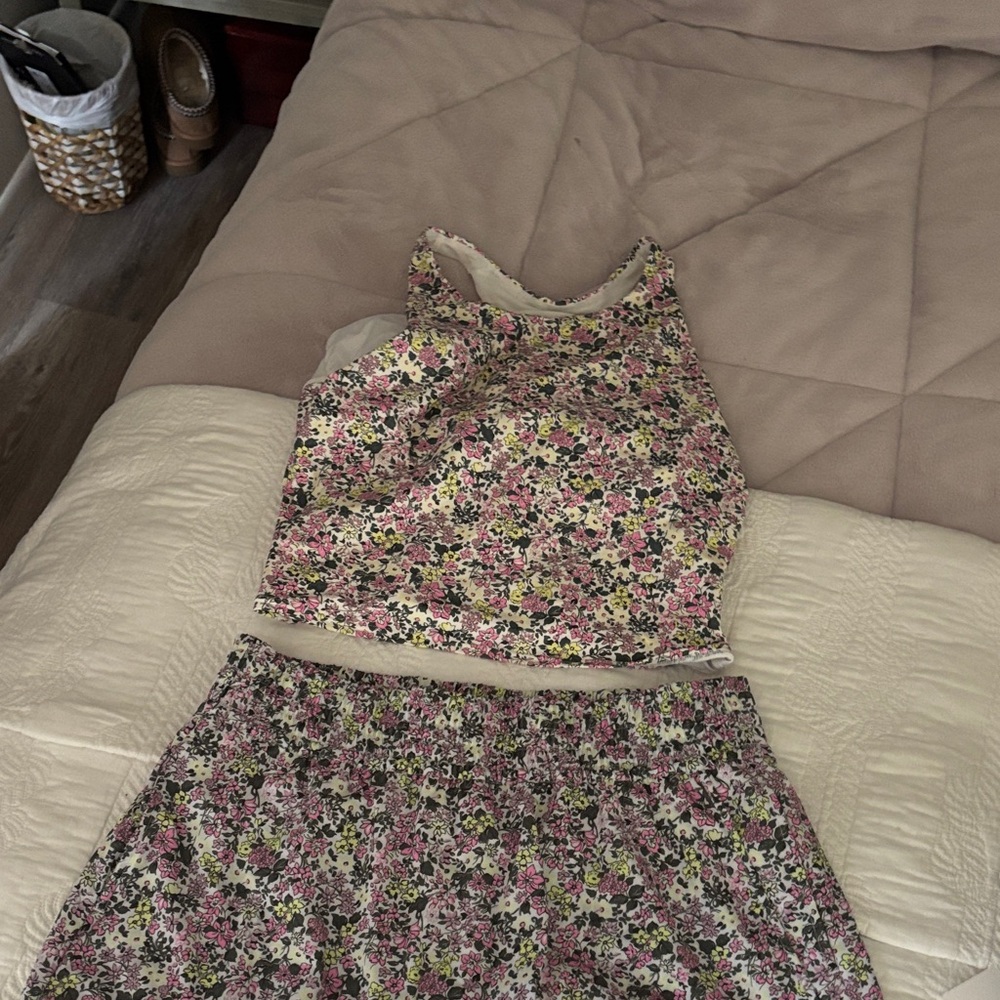 Lands' End Pink and Cream Floral Tank Top & Skirt Set